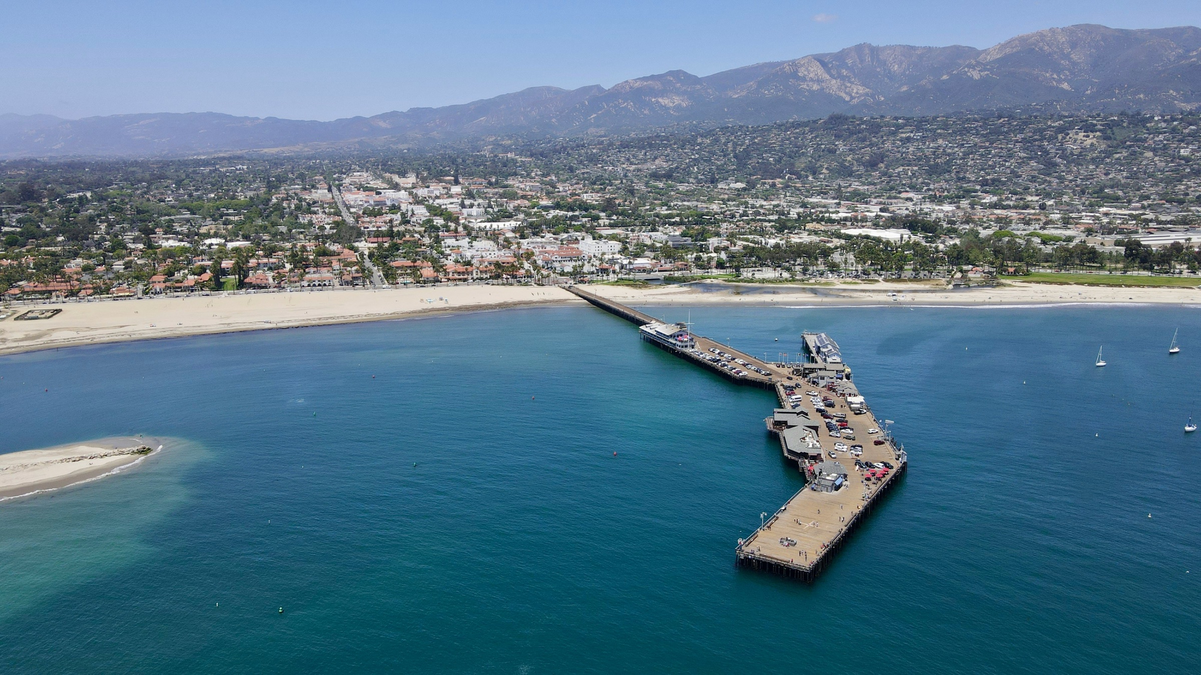 Aerial view of Stearns Wharf and downtown Santa Barbara